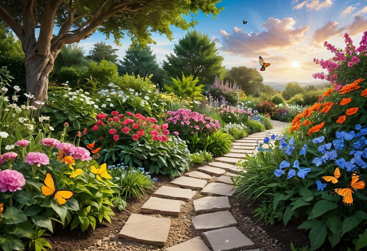A serene landscape showcasing a winding path leading through a lush garden, symbolizing the journey of cancer survivorship. Include blooming flowers representing hope and resilience, with butterflies fluttering in the scene for transformation. In the background, a light-filled sky indicating a promising future and resources to guide the way. Super-realistic. Vibrant colors. Soft focus.
