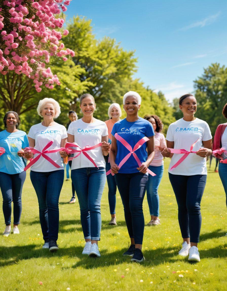 A diverse group of cancer survivors standing together in a park, radiating strength and hope. They are holding colorful ribbons symbolizing various cancer types, with a backdrop of vibrant flowers and a clear blue sky. Include elements of advocacy like signs promoting awareness. The scene conveys empowerment and community support. super-realistic. vibrant colors. soft focus.