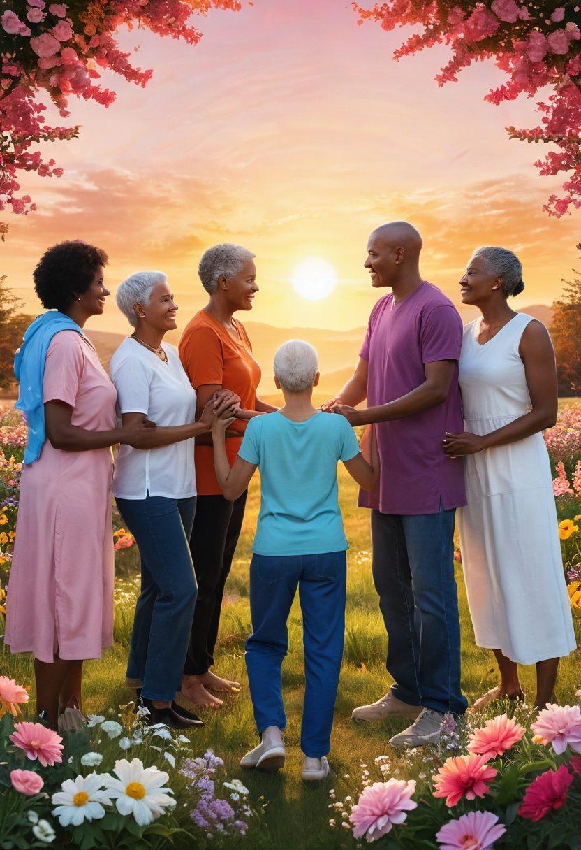 An empowering scene of a diverse group of cancer survivors and their supporters holding hands in a circle, surrounded by blooming flowers symbolizing hope and resilience. In the background, a radiant sunset casts a warm glow, reflecting strength and solidarity. Include uplifting quotes in artistic fonts subtly integrated into the design. vibrant colors. super-realistic.